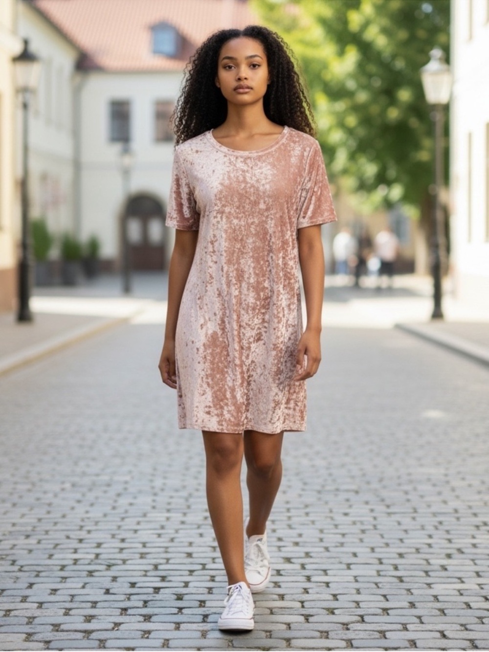 Pol Crushed Velvet Short Sleeve Shift Dress Size Large Blush Pink